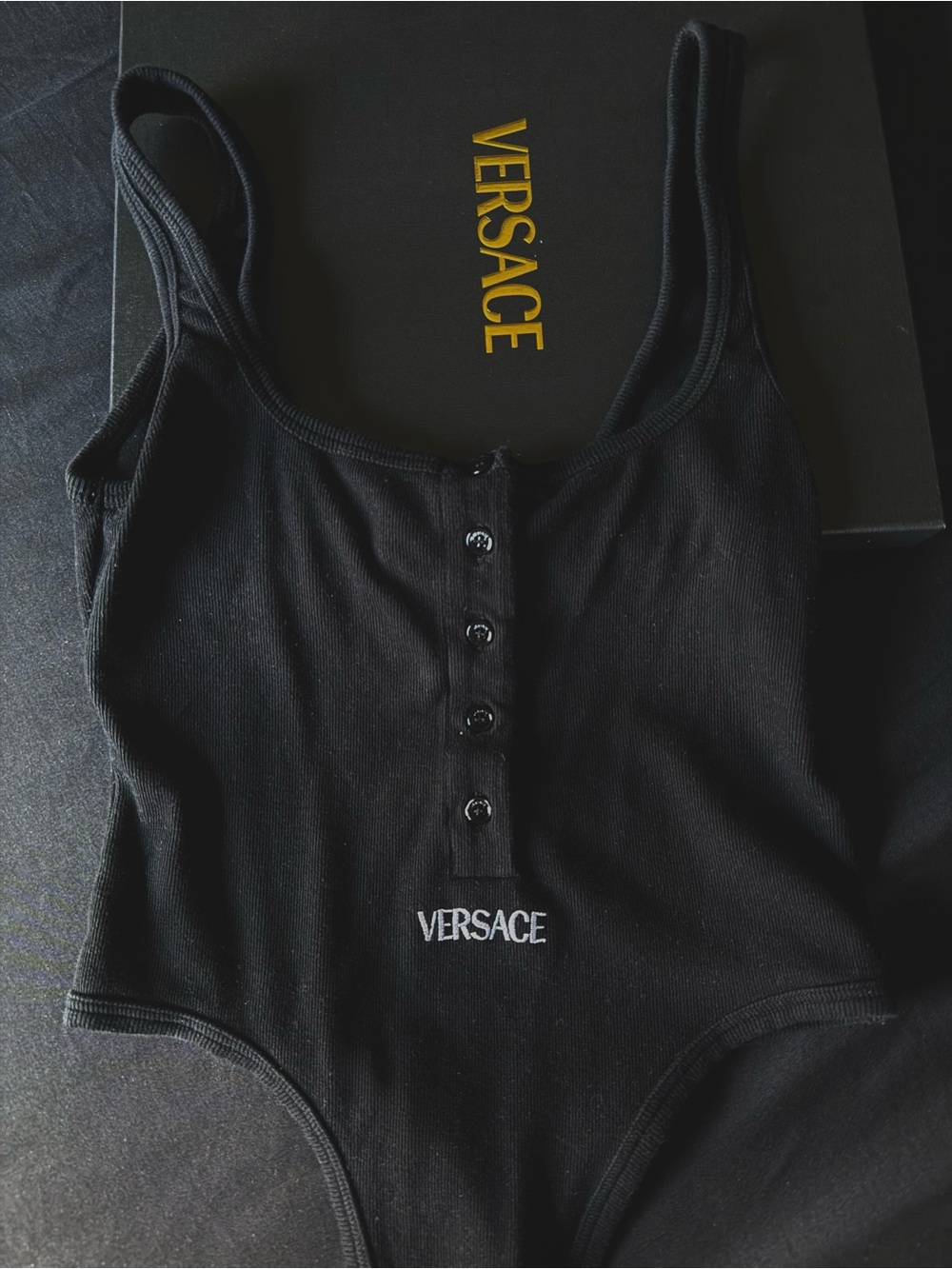 Versace Black Ribbed Button-Front Tank Bodysuit  with original BOX